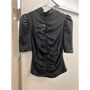 Faux Black Leather Gathered Moch TurtleneckBlouse